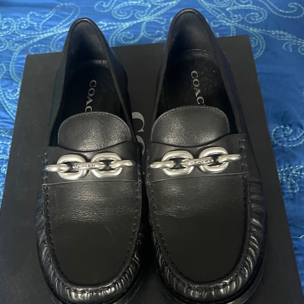 Women's Coach Black Leather Loafers with Silver Chain Detail